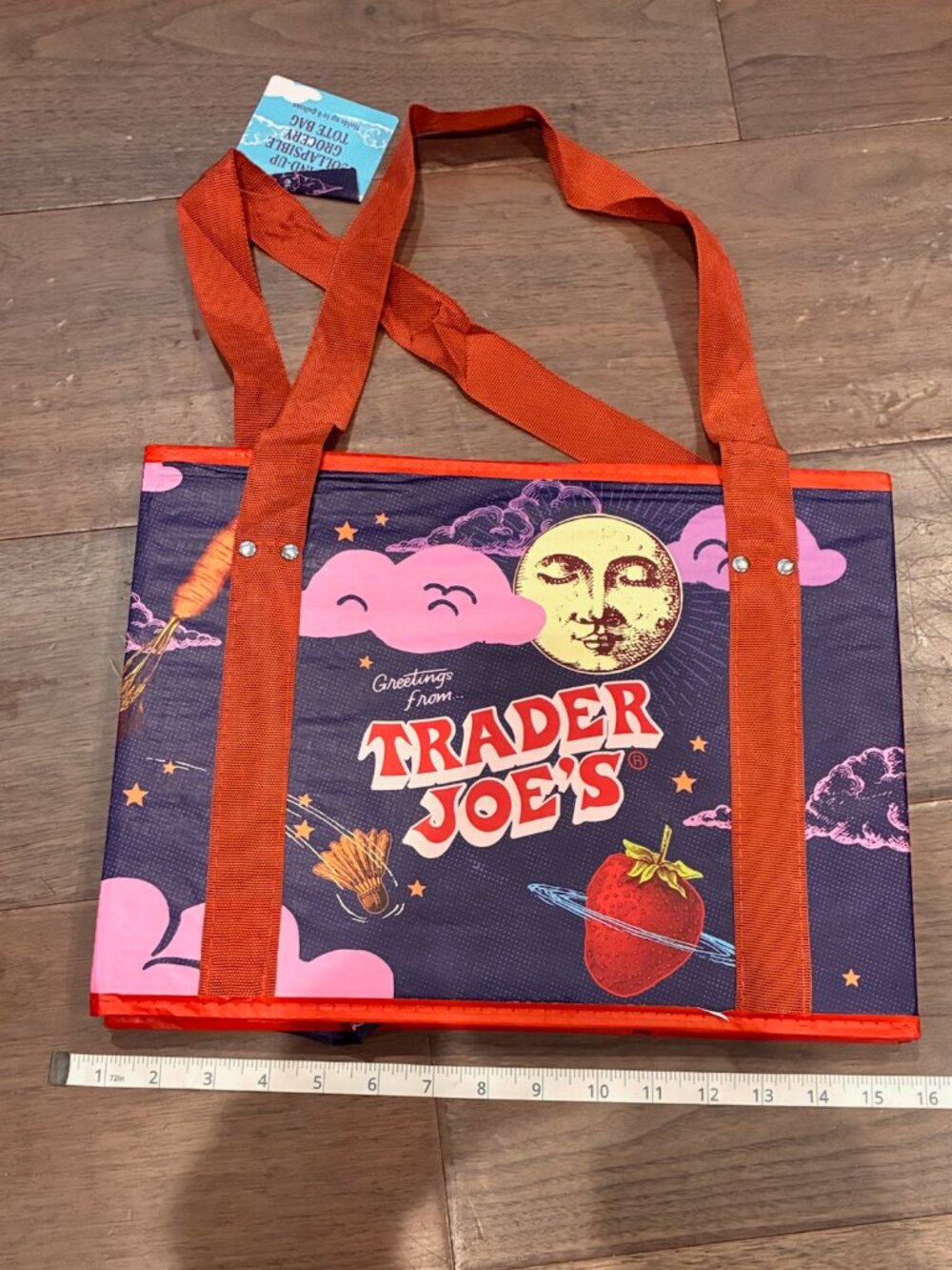 NWT Trader Joe's Stand-Up Collapsible Grocery Tote Bag Greetings From Design